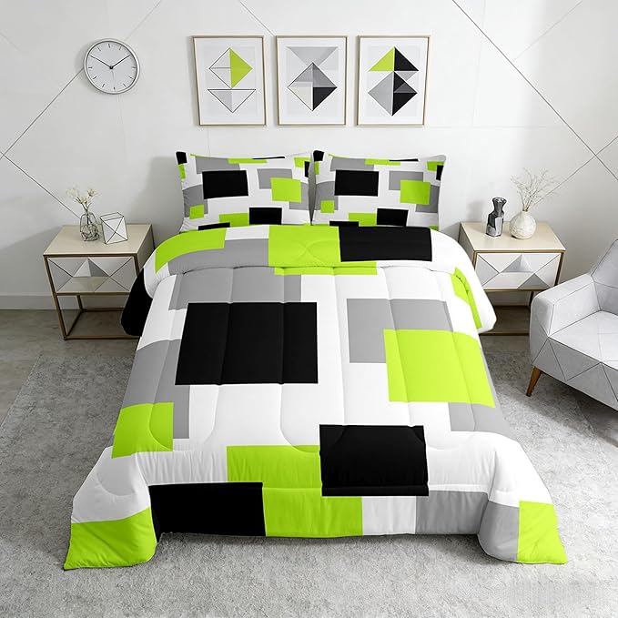 Castle Fairy Green Grey White Kids Comforter Set,Modern Abstract Duvet Set for Room Decor,Geometric Grid Square Splicing Brushed Microfiber Soft Quilt Cover,Full Size 3 PCS