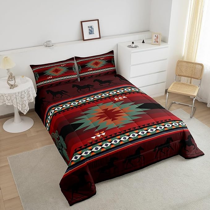 Feelyou Red Black Western Comforter Set Southwestern Aztec Toddler Size Bedding Set for Kids Boys Girls Western Horse Comforter Soft Microfiber Boho Geometric Bedroom Decor