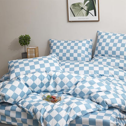 CLOTHKNOW Light Blue White Plaid King Size Comforter Sets Grid Bedding Comforter Sets Checkerboard Comforter King Lake Blue Comforter with 2 x Pillow Cases