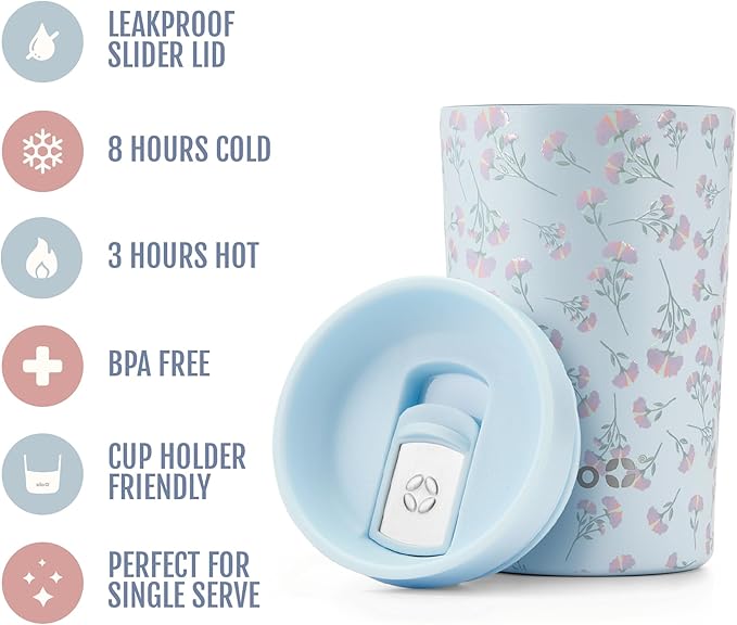 Ello Jones 11oz Insulated Stainless Steel Travel Mug with Leak-Proof Slider Lid, Single Serve Small Coffee Tumbler, Keeps Drinks Hot 3 Hours Cold 8 Hours, BPA-Free, Serene Blooms