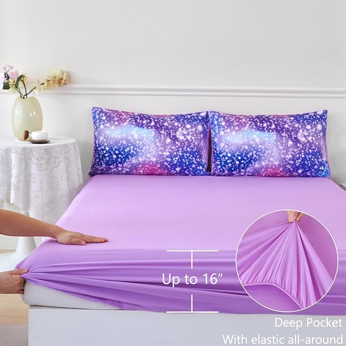 PERFEMET Girls Bed in A Bag Queen Size Colorful Rainbow Queen Comforter Set with Sheets Tie Dye Fluffy Bedding Set for Teen Girl Women 3D Glitter Ombre Bed Sets (Purple Pink, Queen)