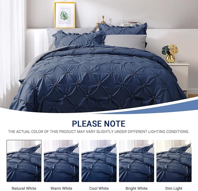 JOLLYVOGUE Navy Blue/Gray Cal King Size Comforter Sets 7 Pieces, Pintuck Bed in a Bag Comforter Set for Bedroom, Bedding Comforter Sets with Comforter, Sheets,Ruffled Shams & Pillowcases