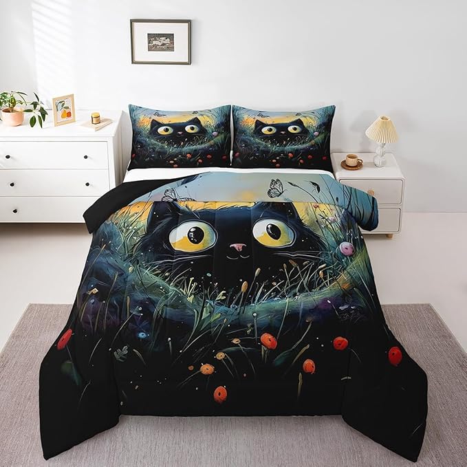 Manfei Kawaii Cat Twin Bedding Set,Cartoon Black Cat Comforter Set Reversible Bed Set for Bedroom Decor,Watercolor Flowers Leaves 2 Pieces Quilt Set,Natural Animal Plants Duvet Insert,1 Pillow Case