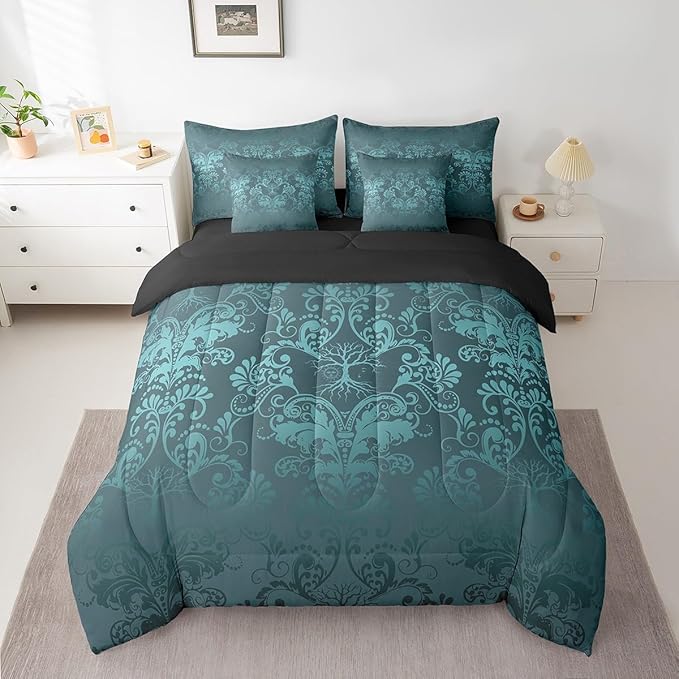Erosebridal Gothic Damask Comforter Set 7 Piece Bed in a Bag Twin,Sun Moon Tree of Life Bedding Sets Turquoise Victorian Floral Goth Sheet Set with Comforter