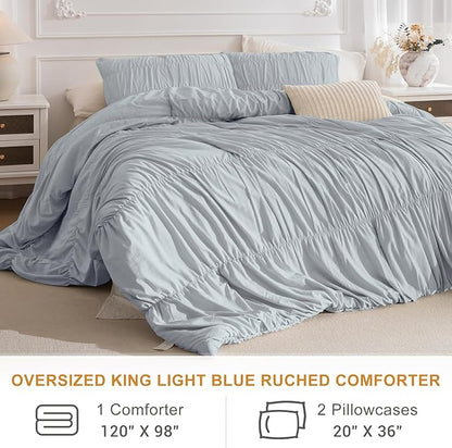 Masaca Oversized King Comforter(120"x98"),Light Blue Ruched Ruffle Bedding Comforter Set,3 Pieces Lightweight California King Farmhouse Shabby Boho Chic French Country Bedding Set for All Season