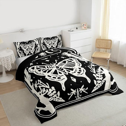 Erosebridal Boys Goth Moth Comforter Set Full, Halloween Horror Bedding Set Gothic Butterfly Comforter for Kids Teens Women Men Gothic Home Decor, Sun and Moon Retro Terror Theme Black Quilt