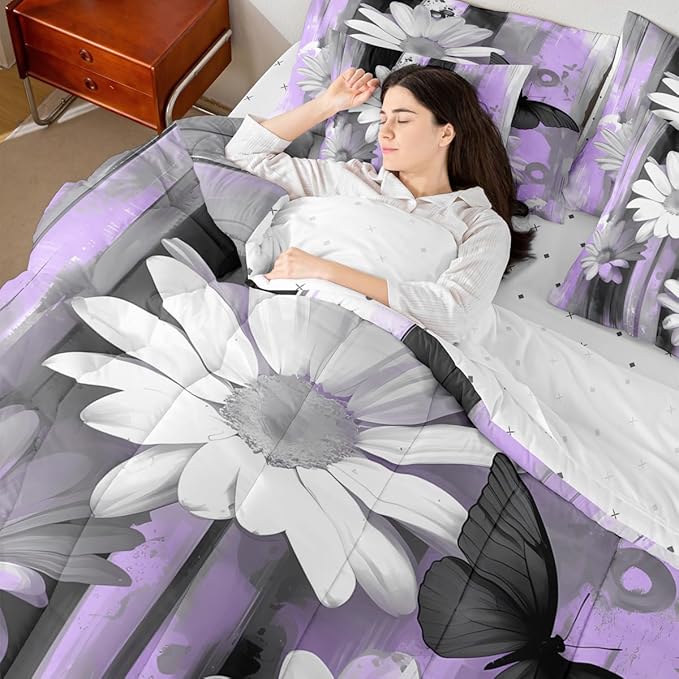 Feelyou Girls Daisy Flower Comforter Set with Sheets Full Size 7 Pieces Kids Butterfly Floral Bedding Set for Boys Women Teens Purple Black Simple Modern Abstract Art Bed in a Bag Room Decor