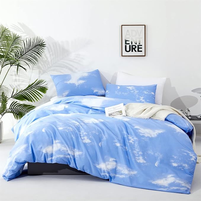 CLOTHKNOW Blue Sky Queen Size Comforter Sets White Cloud Bedding Comforter Sets Blue Queen Comforter Soft Blue Comforter with 2 x Pillow Cases