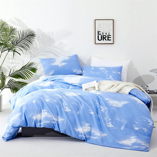 CLOTHKNOW Blue Sky Queen Size Comforter Sets White Cloud Bedding Comforter Sets Blue Queen Comforter Soft Blue Comforter with 2 x Pillow Cases