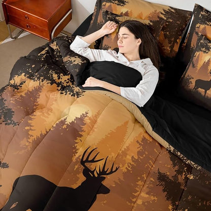 Erosebridal Woodland Deer Comforter Set King Size for Kids Boys Girls - 7 Pieces Hunting Antler Moose Bedding Set with Sheets Country Rustic Farmhouse Quilt Set Wild Animal Bed in A Bag