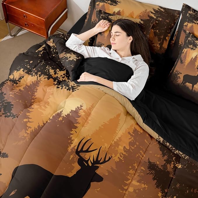 Erosebridal Woodland Deer Comforter Set Full Size for Kids Boys Girls - 7 Pieces Hunting Antler Moose Bedding Set with Sheets Country Rustic Farmhouse Quilt Set Wild Animal Bed in A Bag