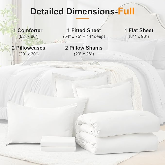 Full Comforter Set 7 Pieces - Ultra-Soft Bed in a Bag Full Size, Cozy Luxury All Season Bedding Sets with Comforter, Flat Sheet, Fitted Sheet, 2 Pillow Shams & 2 Pillowcases, White
