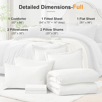 Full Comforter Set 7 Pieces - Ultra-Soft Bed in a Bag Full Size, Cozy Luxury All Season Bedding Sets with Comforter, Flat Sheet, Fitted Sheet, 2 Pillow Shams & 2 Pillowcases, White