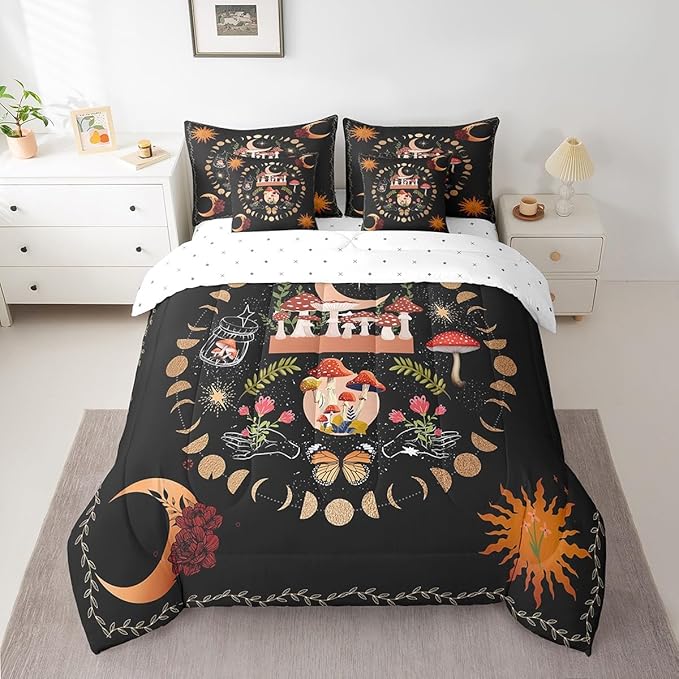 Feelyou Sun Moon Bedding Bed in a Bag with Comforter, Boho Exotic Mushroom Bedding Set with Comforter, Bohemian Comforter for Women Men Floral King Size 7Pcs Room Decor