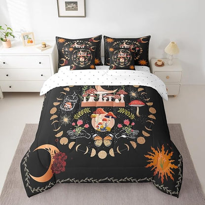 Feelyou Sun Moon Bedding Bed in a Bag with Comforter, Boho Exotic Mushroom Bedding Set with Comforter, Bohemian Comforter for Women Men Floral Queen Size 7Pcs Room Decor