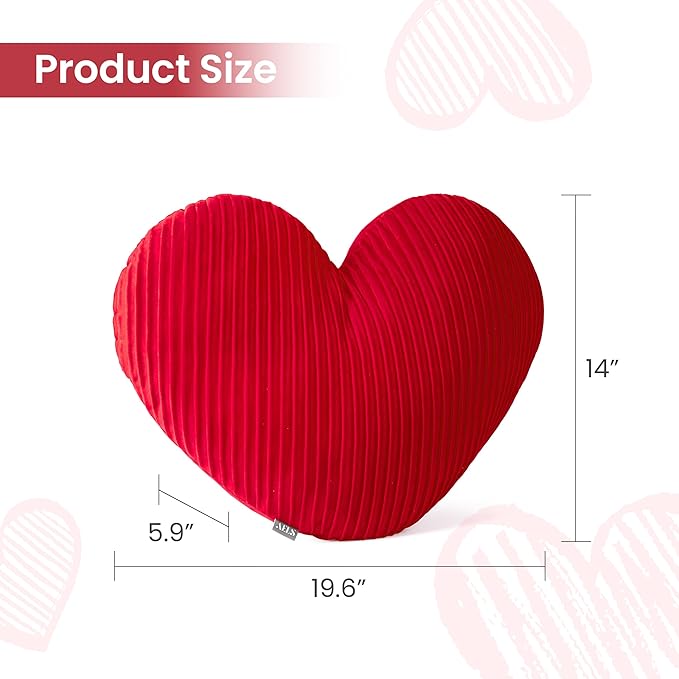 AELS Heart Shaped Pillow, 20 Inches Pleated Velvet Love Pillow, Decorative Throw Pillow for Valentines Day, Wedding, Living Room, Bedroom, Nursery Decor, Red