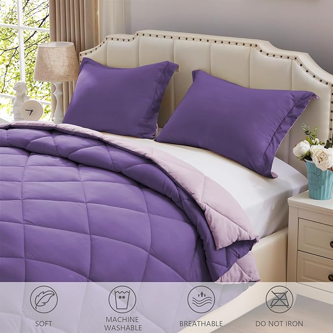 NexHome Queen Comforter Set Purple&Light Purple,3 Pieces Lightweight Comforters Queen Size Reversible Bedding Comforters Sets,Down Alternative Comforter Bed Set Quilt Blanket