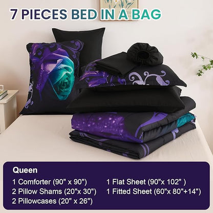 WONGS BEDDING Queen Comforter Set -7 Pieces, Reversible Teal & Purple Rose Bed in a Bag Queen, Lightweight Soft Microfiber Bedding Sets with Flat Sheet, Fitted Sheet, Pillowcases & Shams