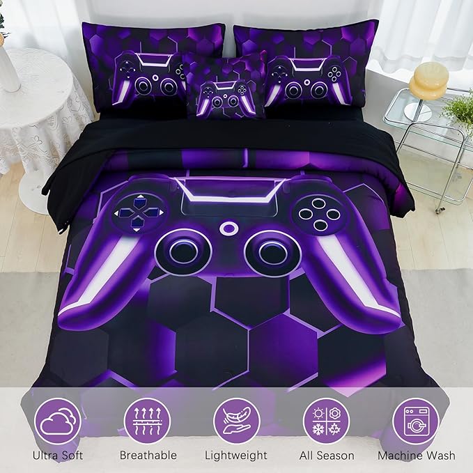 URBONUR 6 Pieces Twin Bed Set for Boys Girls E-Sports Themed 3D Game Consoled Pattern Bedding Comforter Set with Sheets for Kids Room Decor, Purple