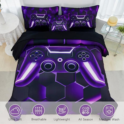 URBONUR 6 Pieces Twin Bed Set for Boys Girls E-Sports Themed 3D Game Consoled Pattern Bedding Comforter Set with Sheets for Kids Room Decor, Purple