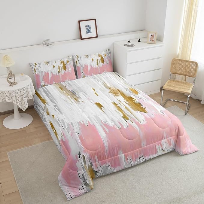 Erosebridal Girly Pink Comforter King Oil Painting Stripe Bedding Set, Brush Marks Contemporary Ombre Down Comforter Watercolor Graffiti Bed Set, Aesthetic Modern Quilted Duvet