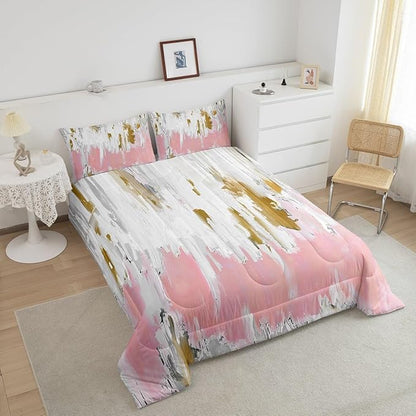 Erosebridal Girly Pink Comforter King Oil Painting Stripe Bedding Set, Brush Marks Contemporary Ombre Down Comforter Watercolor Graffiti Bed Set, Aesthetic Modern Quilted Duvet