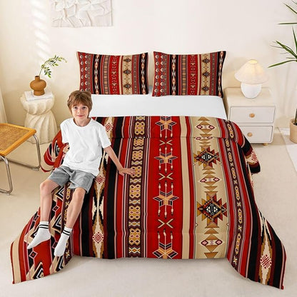 Erosebridal Aztec Bedding Set Ethnic Tribal Arrow Queen Comforter Set,Vintage Southwestern Native Bohemian Quilt,Western Star Duvet Insert Exotic Geometric Diamond Stripes Room Decor,Red and Black