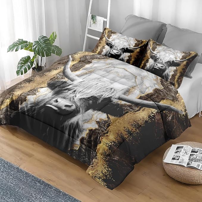 Comforter Set Full Size, Highland Cow Bull 3 Pcs Soft Bedding Set for Kids and Adults, Animal Farm Marble Comforter Set with 2 Pillowcases, for Bedroom Bed Decor
