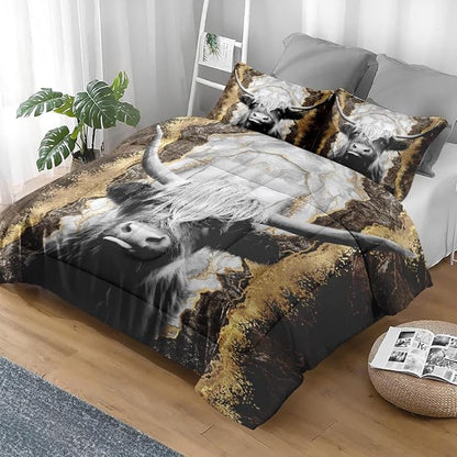 Comforter Set Full Size, Highland Cow Bull 3 Pcs Soft Bedding Set for Kids and Adults, Animal Farm Marble Comforter Set with 2 Pillowcases, for Bedroom Bed Decor