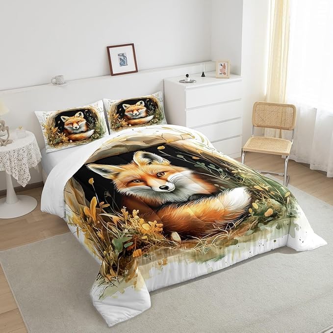 Manfei Fox Kids Comforter Sets Toddler Size,Cartoon Animal Cave Bedding Comforter Sets,Rustic Botanical Plants Quilt Sets for Boys Adult Bedroom Decor,Safari Animal Duvet Insert with 1 Pillowcase