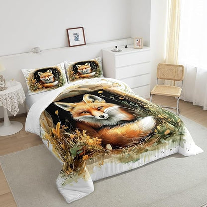 Manfei Fox Kids Comforter Sets Full Size,Cartoon Animal Cave Bedding Comforter Sets,Rustic Botanical Plants Quilt Sets for Boys Adult Bedroom Decor,Safari Animal Duvet Insert with 2 Pillowcases