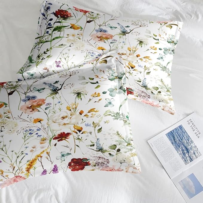 Comforter Set Full Size, Wildflower Floral 7 Pcs Bedding for Kids and Adults, Boho Red Rose Butterfly Bed Sheet Sets with Fitted Sheet 2 Pillowcases & 2 Shams for Bedroom Bed Decor