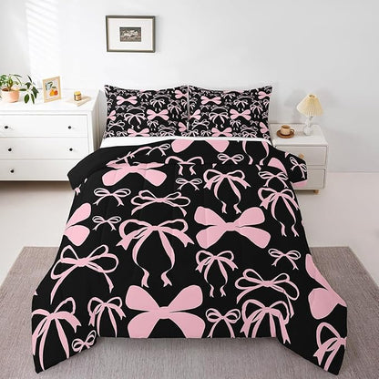 Feelyou Bow Bedding Set Boys Girls Toddler Size Black Pink Girls Bow Comforter Set for Kids Women Men Ultra Soft Cute Bowknot Comforter Lovely Duvet Set