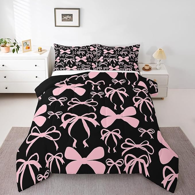 Feelyou Bow Bedding Set Boys Girls Full Size Black Pink Girls Bow Comforter Set for Kids Women Men Ultra Soft Cute Bowknot Comforter Kawaii Bow Duvet Set Room Decor Lovely Decor Quilt Set