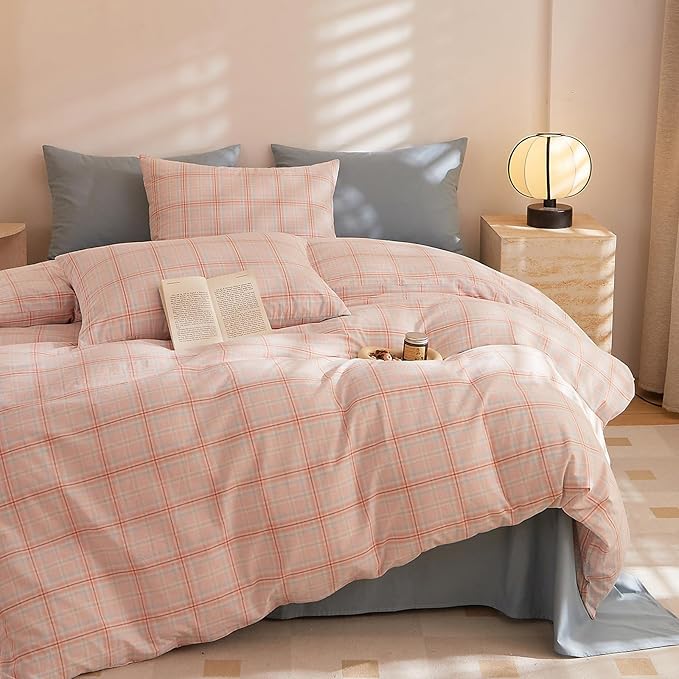 HighBuy Pink Plaid Comforter Set King Fluffy 3 Piece Chic Bohemian Gingham Grid Patchwork Hotel Quality Bedding Comforter Soft Aesthetic for College Teens 1 Boho Comforter with 2 Pillowcases