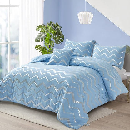 Menghomeus Blue/Silver Comforter Set Queen/Full Size Metallic Print Glitter Bed Comforter Cute Shinny Bedding for Teen Girls Kids Women, 4 Piece (2 Pillowcases, 1 Decorative Pillow Sham)