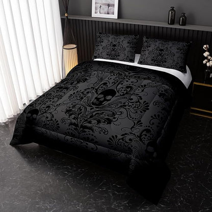 Adults Black Gothic Comforter Set Twin Size,Vintage Damask Floral Bedding Set 3Pcs,Bohemia Bedding Set Goth Skull Printed Quilted Set for Teens Adult with 1 Comforter and 2 Pillowcase