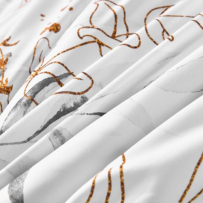 WONGS BEDDING 7 Pieces Botanical Comforter Set Full, Floral Reversible Bed in a Bag Grey Golden Leaves Bedding Set (1 Comforter,2 Pillowcase,2 Pillow Shams,1 Flat Sheet,1 Fitted Sheet)