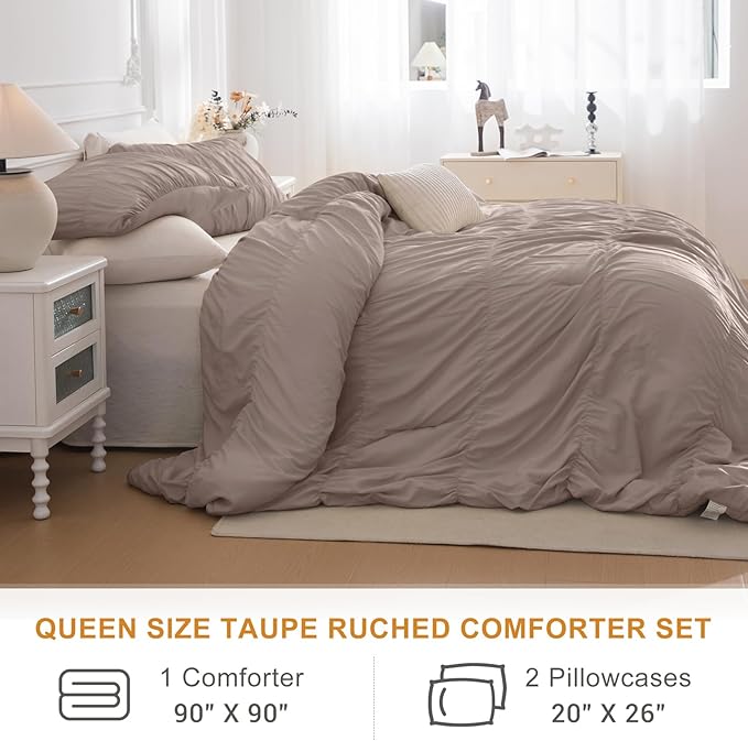 Lady Ann Queen Comforter Set Camel Ruched Boho Bedding Comforter Sets 90x90 for Bedroom Ultra Soft & Luxurious 3 Piece Fluffy Bed Sets