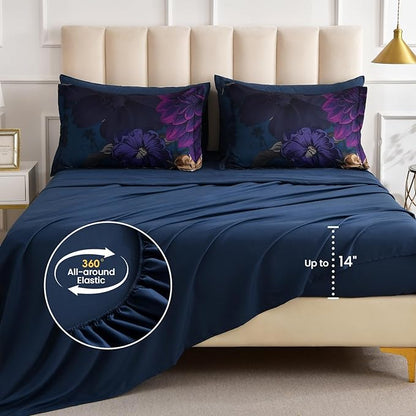 WONGS BEDDING Blue Comforter Set King Size, 7 Pieces Floral Bed in a Bag Set, Navy Blue and Pink Flower Bedding Set, Soft Microfiber for All Season with Pillowcases & Shams,Sheets(90"×104")
