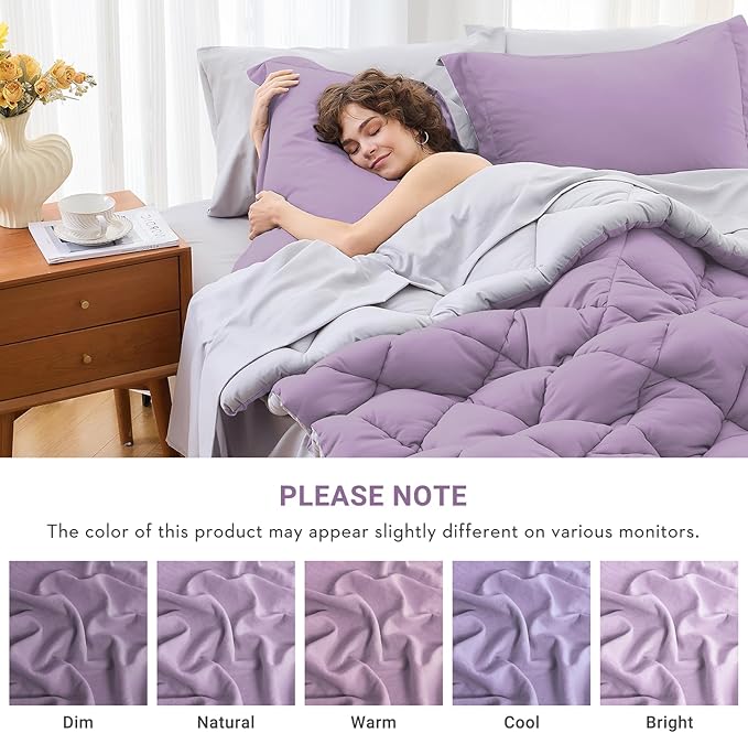 MUXHOMO 5 Pieces Twin XL Comforter Set, Reversible Bed in a Bag Twin XL Size, All Season Bedding Set with Comforter, Flat Sheet, Fitted Sheet, Pillowcases & Shams, Greyish Purple & Light Grey
