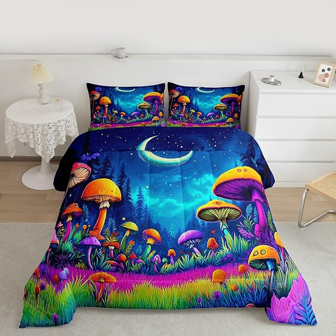 Mushroom Kids Bedding Set Queen Size,Star Moonlight Galaxy Magical Comforter Set，Mysterious Plant Quilt Comforter,Colorful Bedroom Duvet Insert,2 Pillowcases