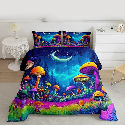 Mushroom Kids Comforter Set Full Size,Star Moonlight Galaxy Magical Bedding Set,Girls Boys Room Decor,Mysterious Plant Quilt Comforter,Colorful Duvet Set Bedroom Quilt Set,2 Pillowcases