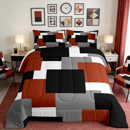 Castle Fairy Red Grey Black Kids Comforter Set,Modern Abstract Art Down Alternative Adults Bedroom Decor,Geometric Grid Square Splicing Ultra Soft Microfiber Inner Fill 3 Pcs Bedding King Size