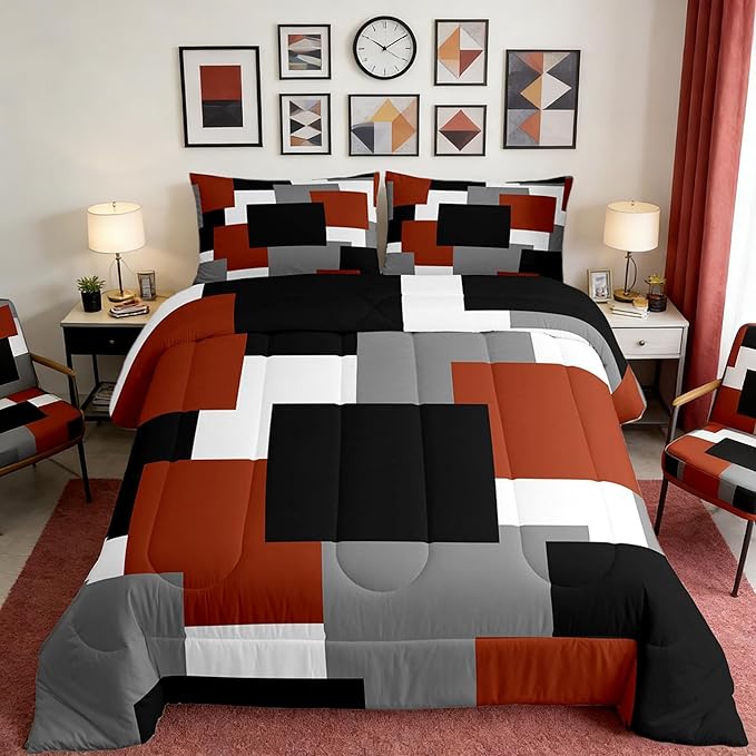Castle Fairy Red Grey Black Bed Comforter Set Queen Size,Modern Abstract Art Super Soft Microfiber Bedding Set for Girls Boys,Geometric Grid Square Splicing Decorative Quilter Set