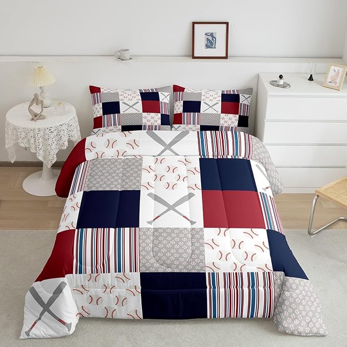 Feelyou Baseball Comforter Set Queen Size Sports Game Comforter Baseball Gaming Bedding Set Gift for Baseball Lover Duvet Set Room Decor White Navy Quilt Set