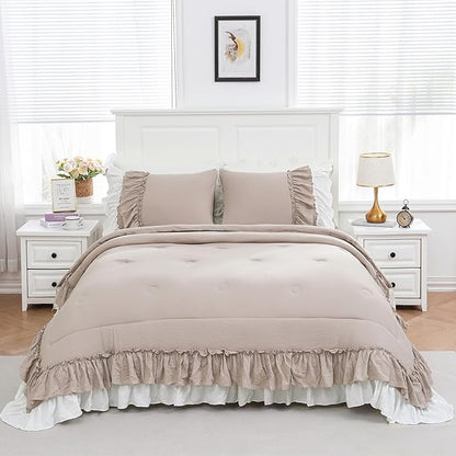 Shabby Chic Bedding Set Boho King Size Comforter Set Ruffle Bedroom Home Decor Ultra Soft Microfiber Taupe Bed Set Farmhouse Down Comforter Bohemian White Ruffled Quilt Set for Girls Women