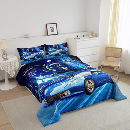 Feelyou Boys Extreme Sports Bedding Set - Race Car Down Duvet Comforter and 2 Pillowcases in Blue for Kids - Queen Size