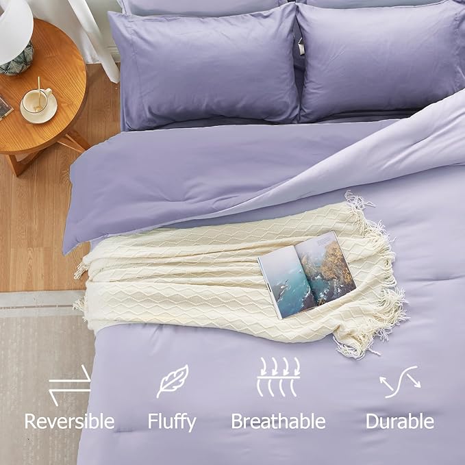 Purple Lavender Comforter Set, 7 Piece Soft Bed in a Bag - Reversible Bedding Set, Assortment of Sheets, Pillowcases & Shams, All Seasons Boho Queen Bed Set