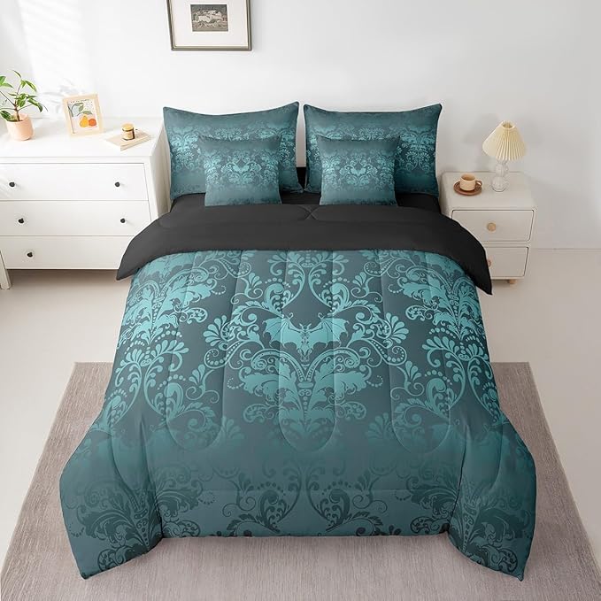 Erosebridal Gothic Damask Bed in a Bag Queen Comforter Set 7 Piece,Halloween Bat Bedding Sets Turquoise Victorian Floral Goth Sheet Set with Comforter